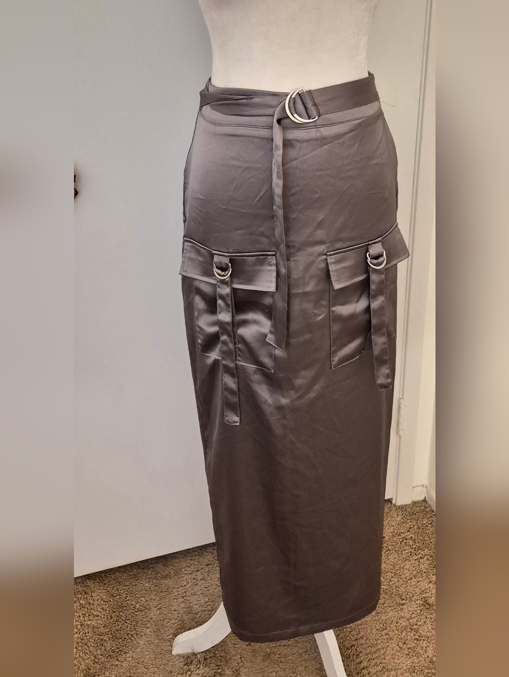 Forever 21 Charcoal Gray Satin Utility Pencil Skirt with D-Ring Belt